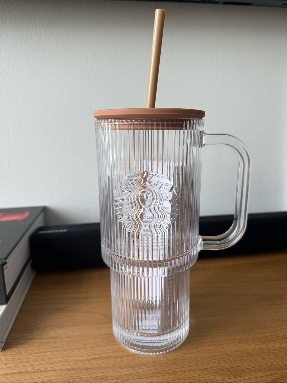 Starbucks Glass Ribbed Cold Cup Tumbler with Tan Lid and Straw